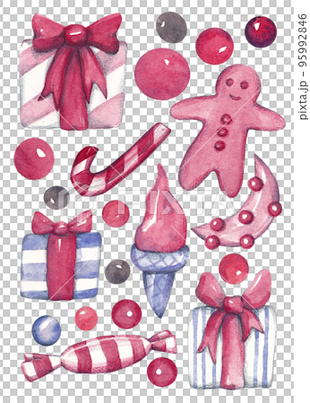Festive set. Watercolor isolated illustration of Christmas gifts and sweets Festive set. Watercolor isolated illustration of Christmas gifts and sweets 95992846