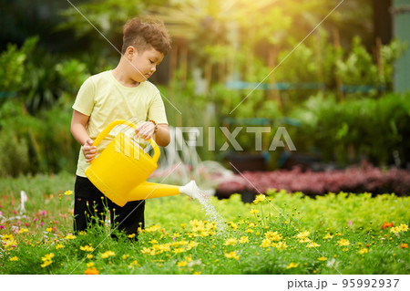 Little boy watering plants in gardening center on sunny day Little boy watering plants in gardening center on sunny day 95992937