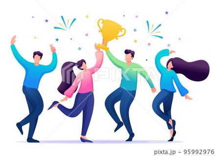 The business team celebrates success. People jump and rejoice at the prize, the Cup. Flat 2D character. Concept for web design 95992976