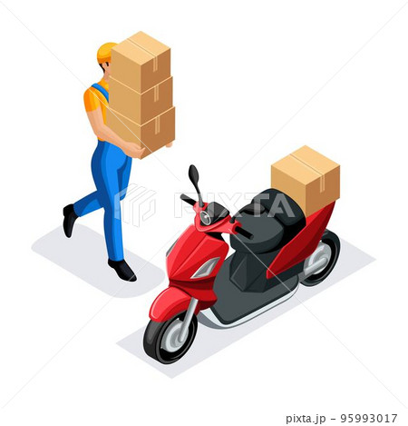 Isometric delivery service courier carries boxes to the scooter, fast delivery of orders, round the clock work, the courier bears the parcel Isometric delivery service courier carries boxes to the scooter, fast delivery of orders, round the clock work, the courier bears the parcel 95993017