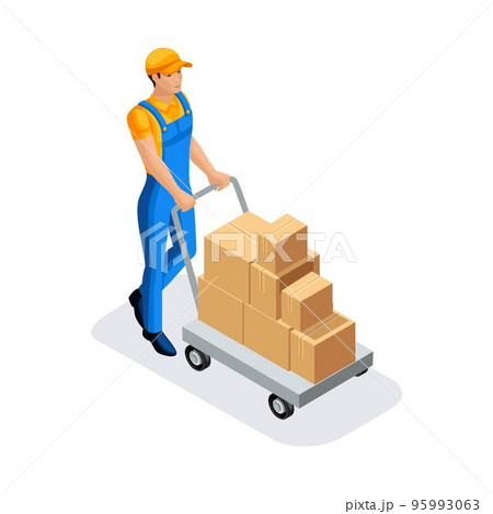 Isometric man in uniform gains goods in the warehouse for further delivery. Warehouse Concept. 3D character of emotion. Vector illustration 95993063
