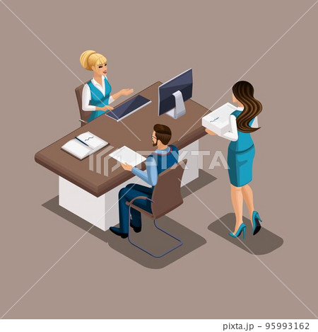 Isometric girl in the bank is negotiating to provide a bank loan to a tailor to open their own workshop, opening their own business. The entrepreneur 95993162