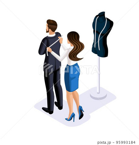 Isometry of the tailor, the designer works with the client to create clothes to order in the studio, workshop. The entrepreneur working for himself, his own business Isometry of the tailor, the designer works with the client to create clothes to order in the studio, workshop. The entrepreneur working for himself, his own business 95993184