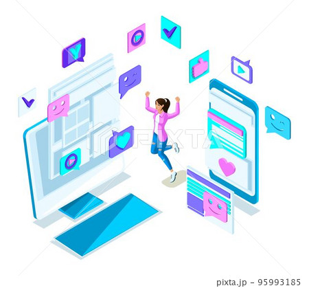 Isometry cool girl teenager, jumping, generation Z, beautiful and young blonde, in summer clothes, social networking phones, gadgets set 6 95993185