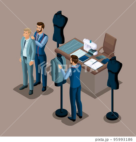 Isometric tailor, the creation of quality clothing to order, a workshop, an atelier. Tailoring. The entrepreneur working for himself, his own business set 4 95993186