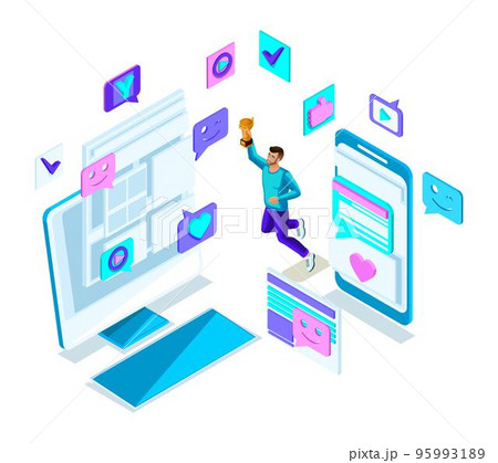 Isometry cool guy teenager, jumping, generation Z, handsome young and strong, communication phones in social networks, gadgets set 2 95993189