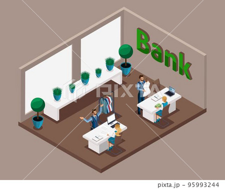 Isometric office of the bank, bank employees serve customers, Loans for the development of their own business tailor, the opening of a tailor workshop 95993244