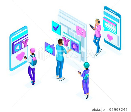 Isometric teenagers, use gadgets, phones, generation Z, colorful concept of social networking correspondence, a set of holographic people 95993245