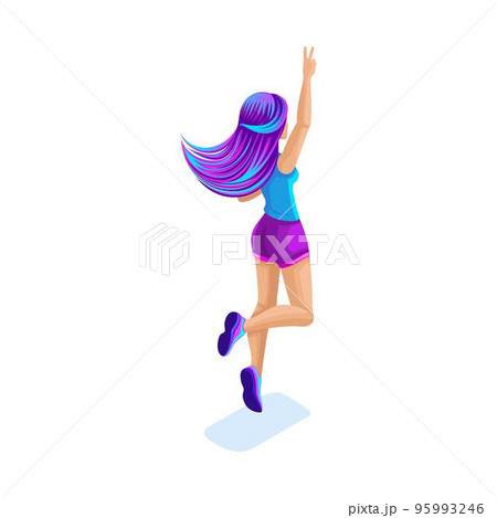 Isometric girl jumping, having fun, happy with colorful hair, concept of magical bright hair, rear view, bright pink and blue hair 95993246