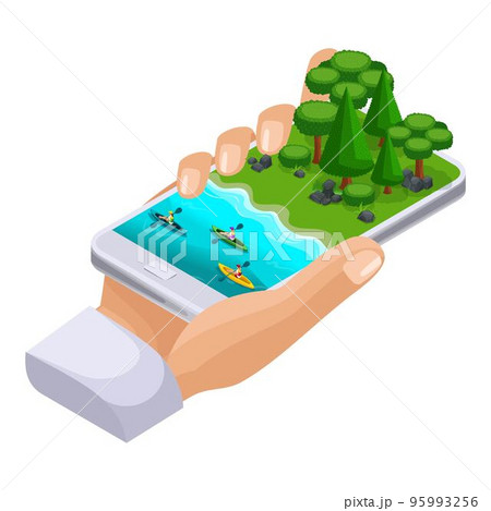 Isometric concept of outdoor recreation, shore of the lake, friends vacation on weekends, bbq, nature, forest, kayak, canoe 95993256