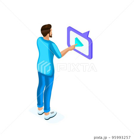 Isometric young man watches video through social networks, maintains his blog, tablet, phone, smartphone. Teenagers and gadgets Isometric young man watches video through social networks, maintains his blog, tablet, phone, smartphone. Teenagers and gadgets 95993257