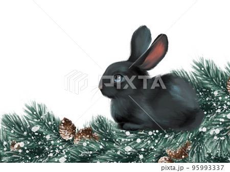 Cute black bunny and fir branches. Christmas illustration on white background 95993337
