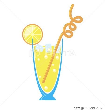 Yellow cocktail with orange slice. An illustration of classical drink with ice in blue glass. Summer cold carbonated alcohol beverage with straw 95993437
