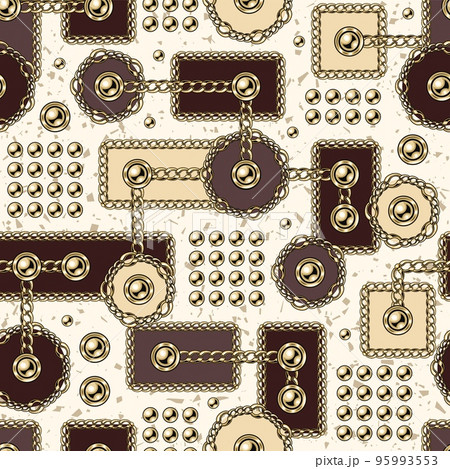 Seamless abstract pattern with geometric shapes, gold chains, beads, buttons. Circles, rectangels, square in random composition. Inspired of memphis style. 95993553