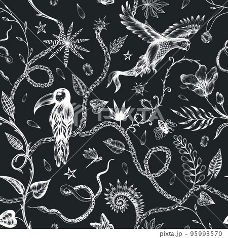 Beautiful trendy seamless pattern with hand drawn chimera animals birds insects and fantasy plants. Stock fashionable textile illustration. 95993570