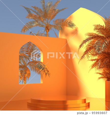 3D rendering product podium in minimal Oriental style: golden palms and yellow sunny walls with arch, design for cosmetics or product stand 95993607