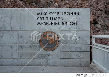 Hoover Dam, USA, September 16,2022. Mike O'Callaghan - Pat Tillman Memorial Bridge Text With Logo On Concrete Wall At Hoover Dam 95993958