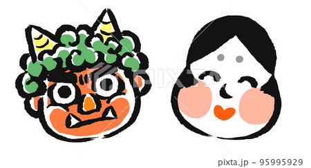 鬼とお多福のお面（顔）　筆タッチイラスト 95995929