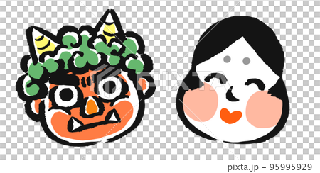 鬼とお多福のお面（顔）　筆タッチイラスト 95995929
