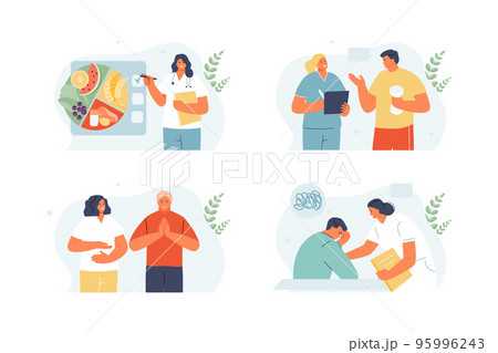 Doctors teaching a healthy lifestyle. Nutritionist, sports doctor, yoga instructor, psychologist 95996243