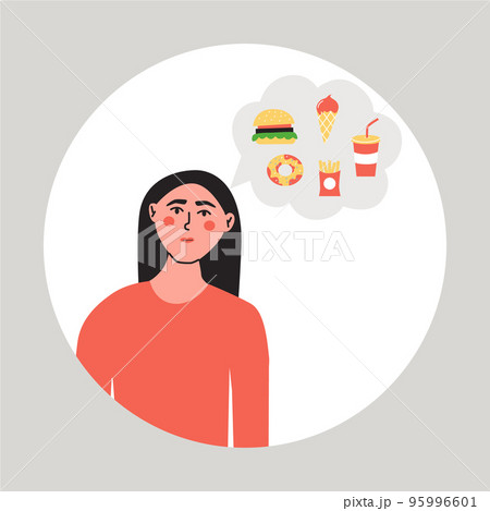 Hungry woman thinking about food. Female dreams of fast food. Flat vector illustration Hungry woman thinking about food. Female dreams of fast food. Flat vector illustration 95996601