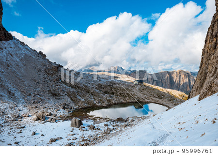 View to rifugio Pisciadu on Sella Ronda Dolomites Italy View to rifugio Pisciadu on Sella Ronda Dolomites Italy 95996761