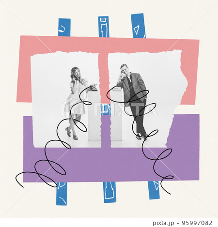 Contemporary art collage. Young man and woman talking on phone. Long distance relationship. Breaking up 95997082