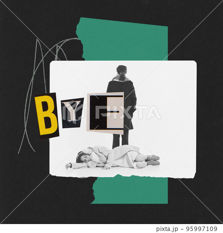 Contemporary art collage. Conceptual image of man standing back to woman lying on floor. Saying bye to relationship 95997109