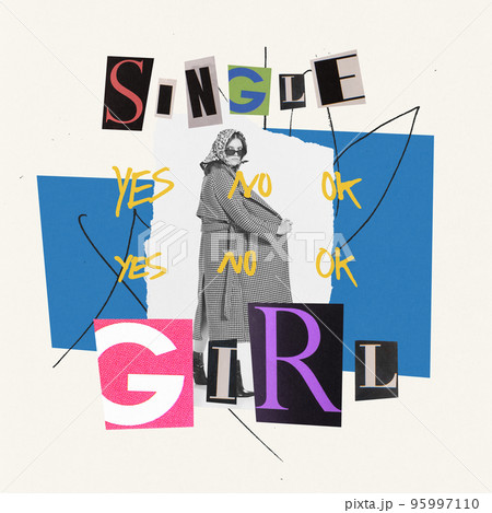 Contemporary art collage. Creative conceptual image of stylish young woman being single. Choice of partner 95997110