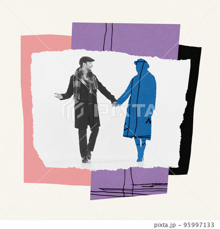 Contemporary art collage. Portrait of young man walking with female silhouette symbolizing breaking up with fiancee Contemporary art collage. Portrait of young man walking with female silhouette symbolizing breaking up with fiancee 95997133