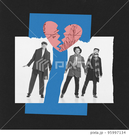 Contemporary art collage. Conceptual image. Photo with three men being separated. End of friendship Contemporary art collage. Conceptual image. Photo with three men being separated. End of friendship 95997134