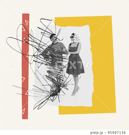 Contemporary art collage. Portrait of young stylish couple. Man painted over with crayon. Breaking up, end of love 95997136