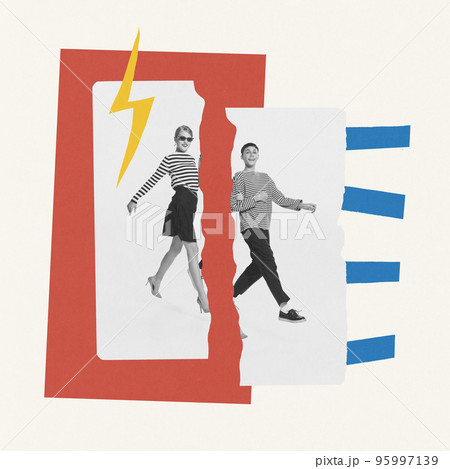 Contemporary art collage. Stylish young couple, man and woman. Parting. End of relationship Contemporary art collage. Stylish young couple, man and woman. Parting. End of relationship 95997139