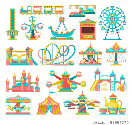 Amusement or Entertainment Park with Attractions Like Merry-go-round and Bouncy Castle Vector Set 95997279