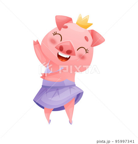 Cute Pink Pig Dancing Ballet Wearing Purple Skirt and Crown on Its Head Vector Illustration Cute Pink Pig Dancing Ballet Wearing Purple Skirt and Crown on Its Head Vector Illustration 95997341