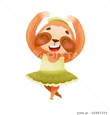 Cute sloth ballerina in green tutu dress. Funny baby animal dancing cartoon vector illustration Cute sloth ballerina in green tutu dress. Funny baby animal dancing cartoon vector illustration 95997354