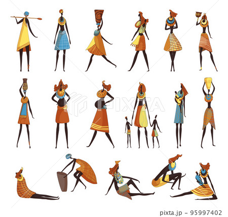African People in Traditional Tribal Clothing with Necklace and Clay Vase Vector Set 95997402