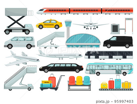 Airport vehicles and buildings set. Airplane, cargo truck, boarding ladder, bus, train, conveyor belt with luggage and scanner. Aviation transport terminal vector illustration 95997403