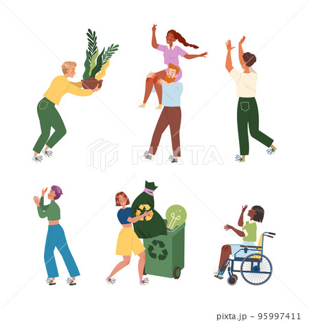 Happy eco friendly people set. People protecting nature, ecology and caring about environment cartoon vector illustration Happy eco friendly people set. People protecting nature, ecology and caring about environment cartoon vector illustration 95997411