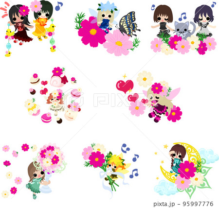 可愛い小さな花の妖精たちや女の子がコスモスに囲まれた素敵な日々の生活のイラスト 95997776