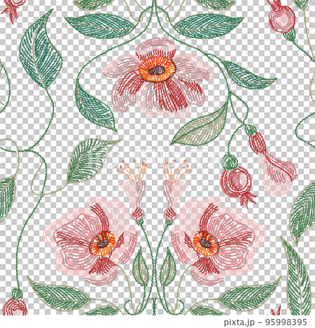 Embroidered flowers and leaves ornament on a dark background. 95998395