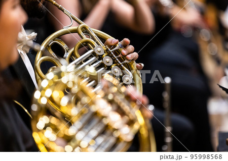 Philharmonic orchestra, musician playing on the french horn during the concert, cultural event 95998568