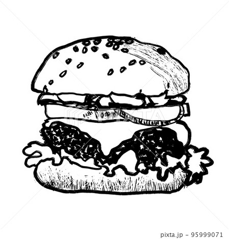 Hand drawn illustration of hamburger burger american fast food beef tomato sandwish lettuce. Black white monocrome ink sketch illustration, minimalist drawing with simple brush strokes. 95999071