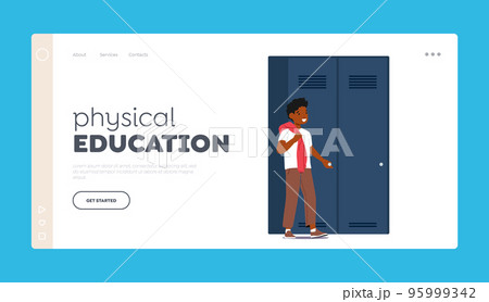Physical Education Landing Page Template. Little Black Boy Stand near the Locker in School Sports Room or Corridor 95999342