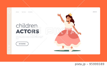 Children Actors Landing Page Template. Girl In Funny Theatrical Costume Of Princess Playing Performance, Little Artist 95999389