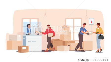 People In Post Office, Postal Service Concept. Send Parcels, Throw Letter In Mail Box, Characters In Department 95999454