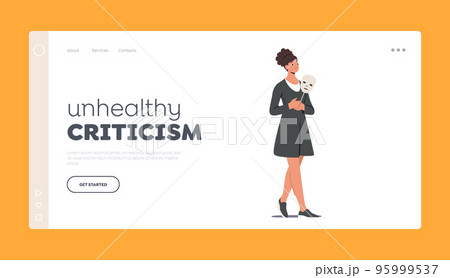 Unhealthy Criticism Landing Page Template. Woman Covering Face With Indifferent Mask Expressing Fake Emotion, Impostor 95999537