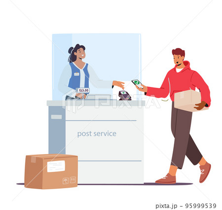 Man Visiting Post Office Concept. Male Character Holding Parcel In Hands Paying For Weigh Box On Scales On Reception 95999539