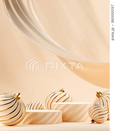 3D abstract Christmas light background with beige Christmas ornaments 96000097