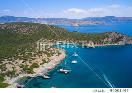 Aerial view of blue sea lagoon and yachts along the mediterranean coast. Landscape of turkish riviera nature 96001447